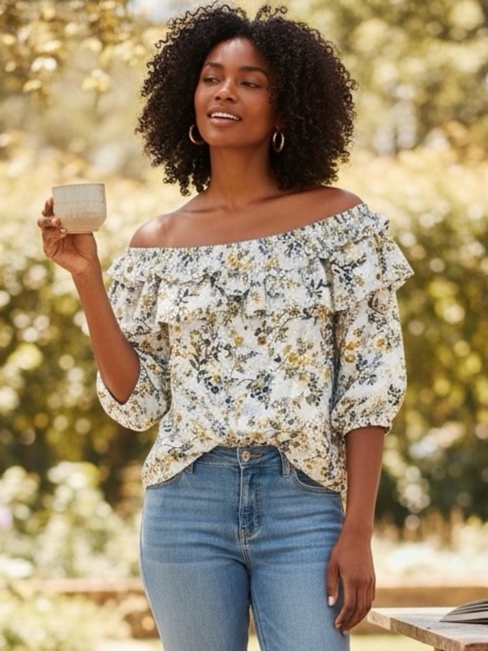 Chaus White Floral Off-Shoulder Ruffle Blouse with Blue & Yellow Flowers
